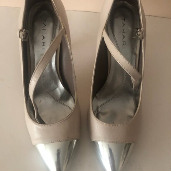 TAHARI Sabina nude and silver tip heels shoes 7.5 - Picture 2 of 8